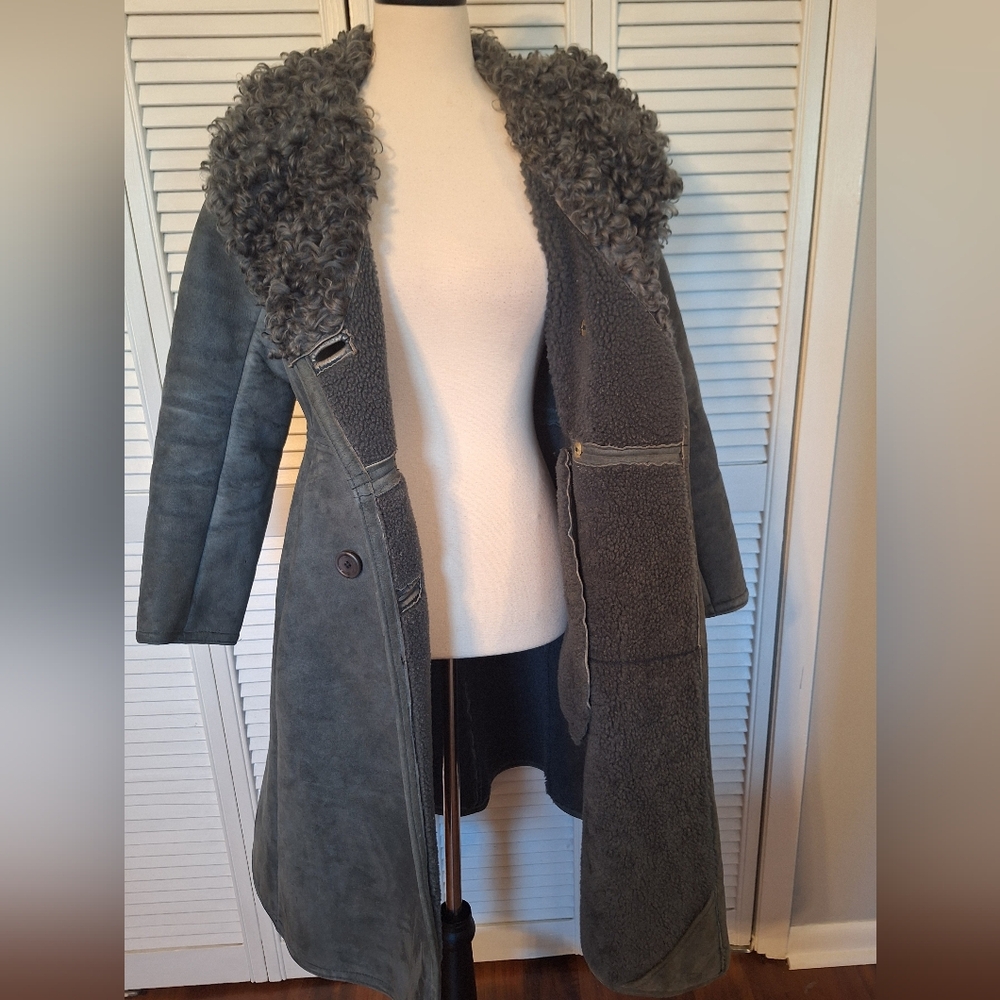 RARE vtg 1980s Antartex Scotland Sheepskin Gray Double-Breasted Coat Sz Small - Picture 5 of 7